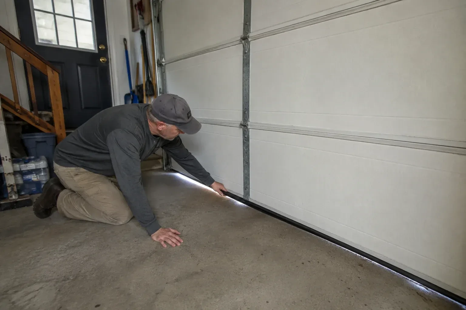 A person kneels beside the black bottom seal of a garage door, with daylight visible beneath the edge. — Garage Door Bottom Seal Replacement, Brampton