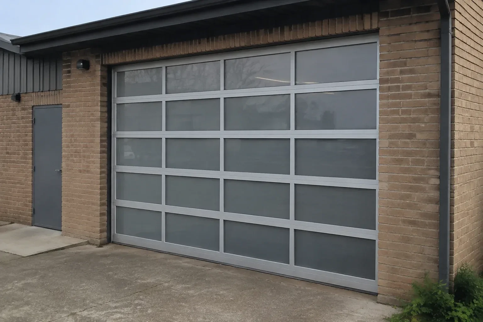 Closed glazed sectional door in a grey metal frame at a brick workshop. — Full-View Glass Garage Door Installation, Brampton