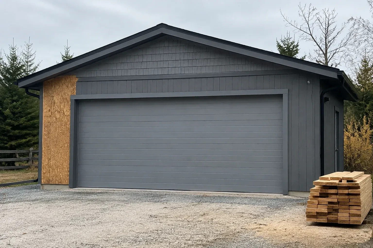 Closed grey garage door on a partly finished building beside stacked lumber. — New-Construction Garage Door Installation, Brampton