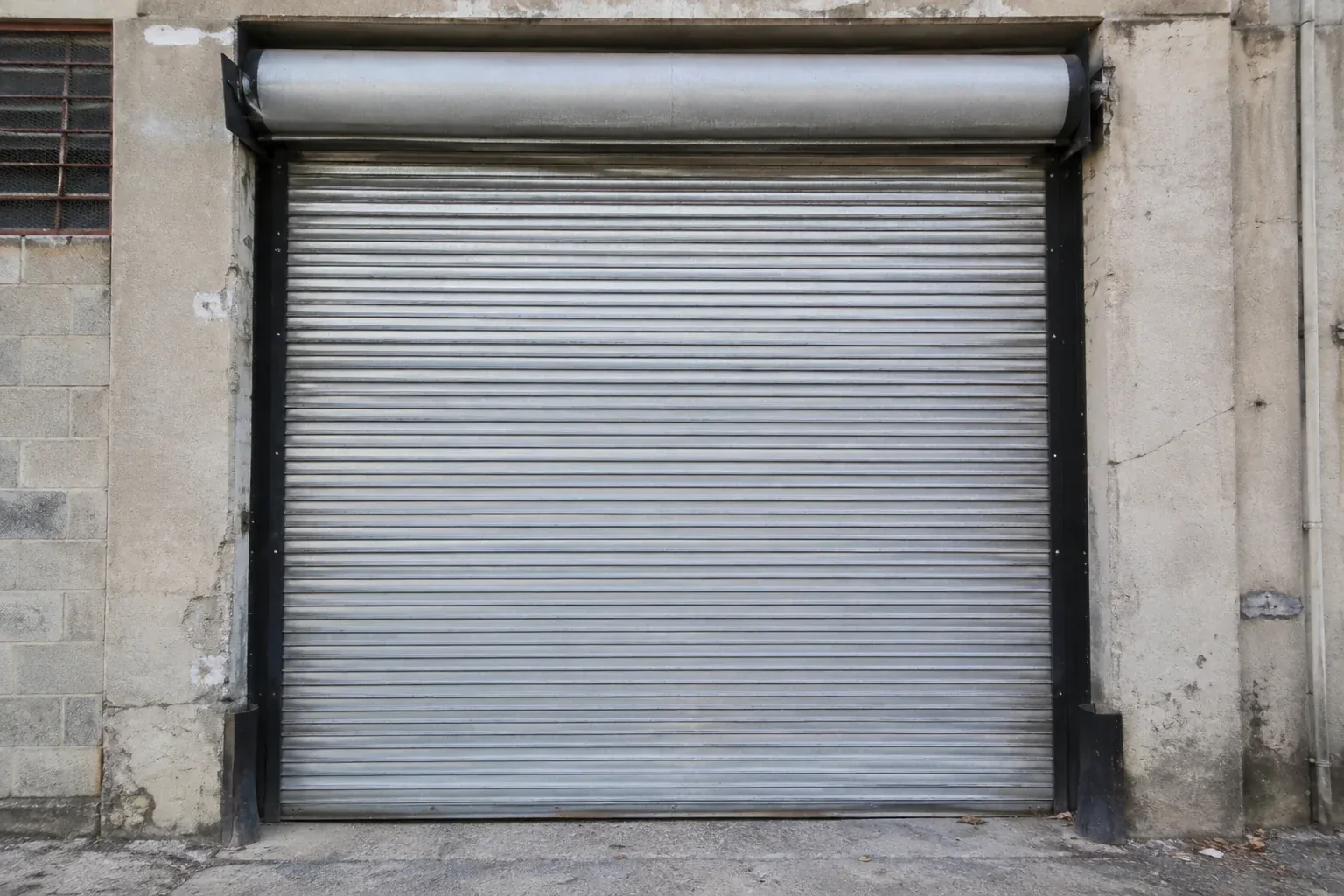 Closed metal rolling shutter in a weathered warehouse opening. — Commercial Rolling Door Repair, Brampton