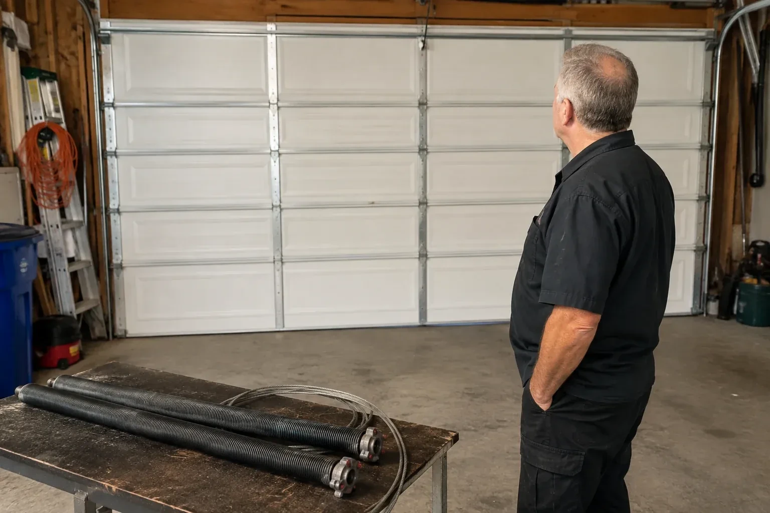 Detached coil springs with end fittings and a cable rest on a bench in front of a closed garage door. — Torsion Spring Replacement, Brampton