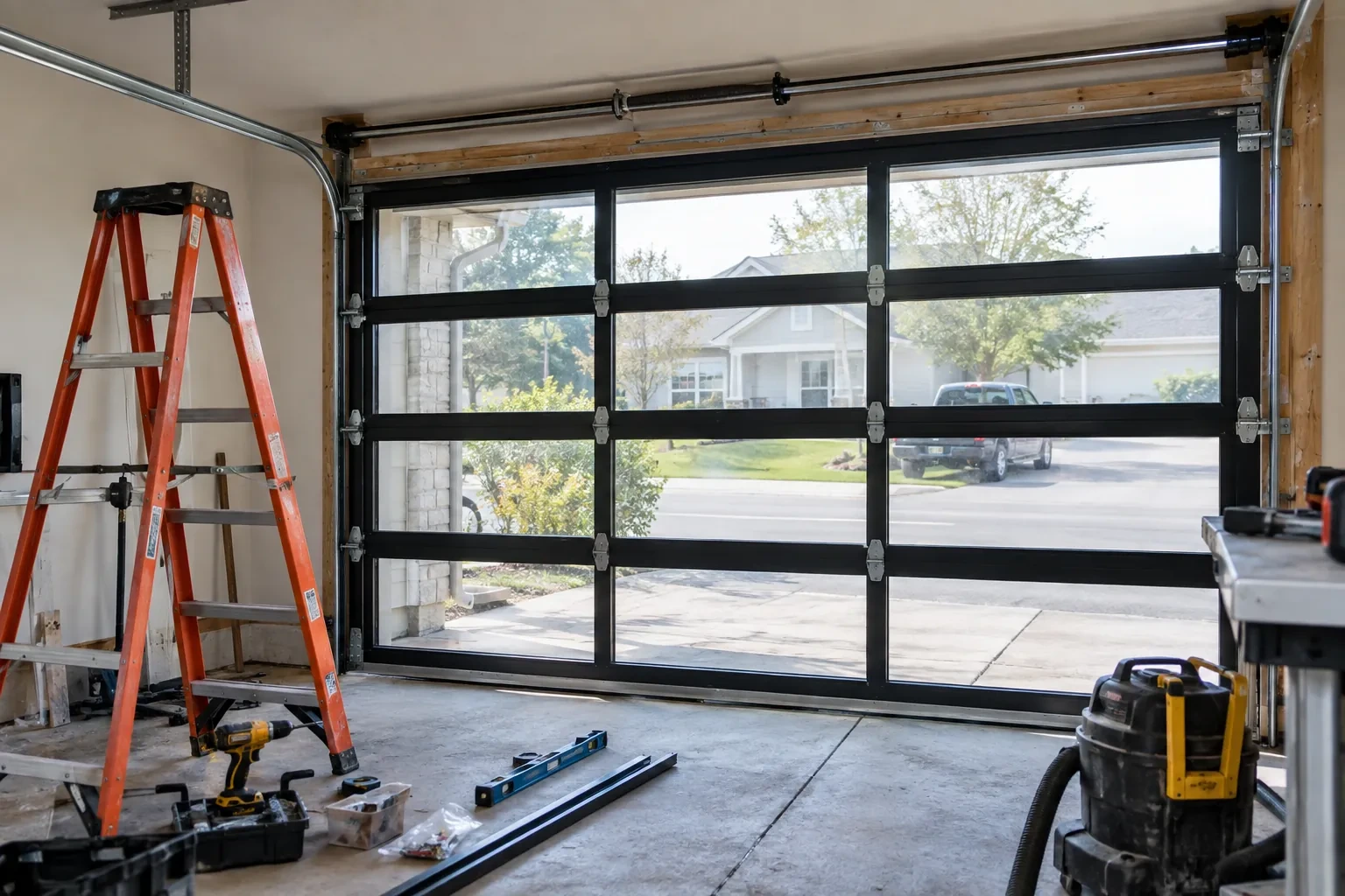 Full-glass garage door with black frames, an orange stepladder, a level, a drill and a shop vacuum on the concrete floor. — Huttonville