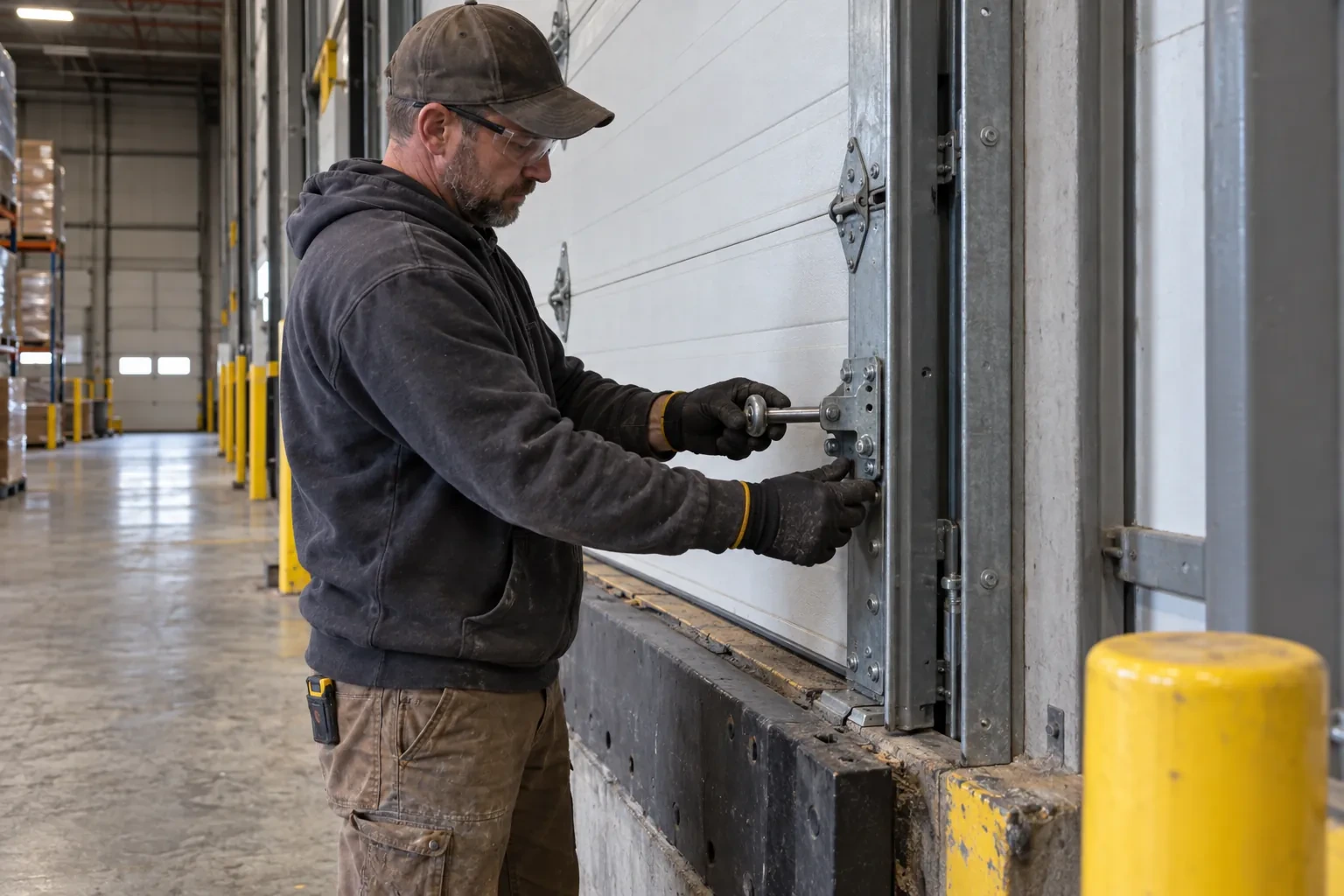 Person in clear glasses and gloves working a metal latch at the edge of a white sectional door in a warehouse bay.