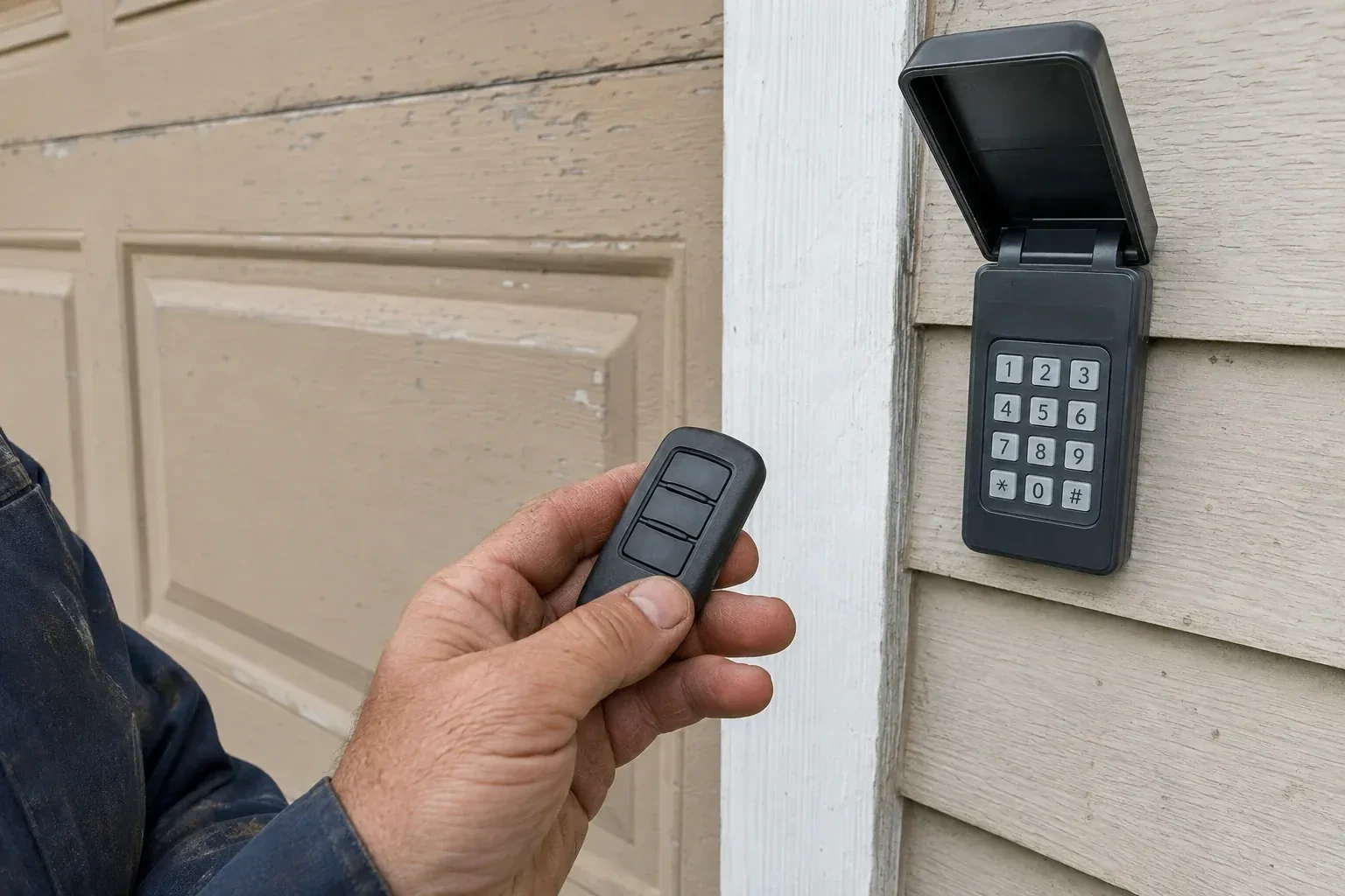 A hand holds a three-button remote beside an exterior garage keypad with its cover open. — Garage Door Remote and Keypad Programming, Brampton