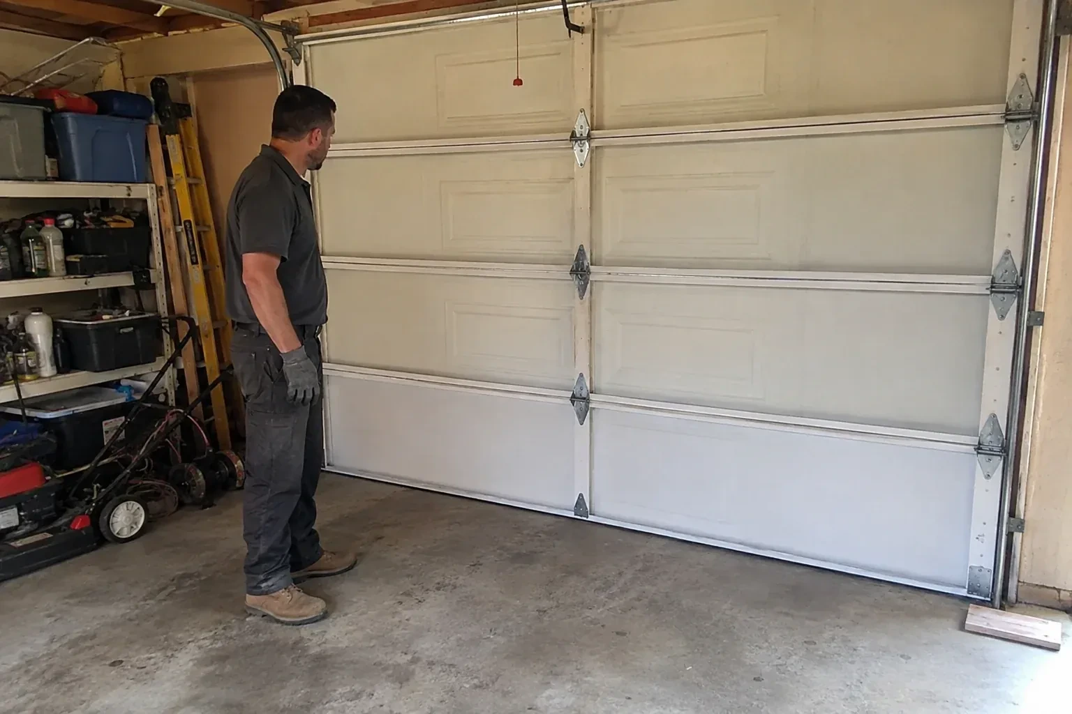 A person examines the interior panels and hinges of a closed sectional garage door. — Garage Door Panel Replacement, Brampton