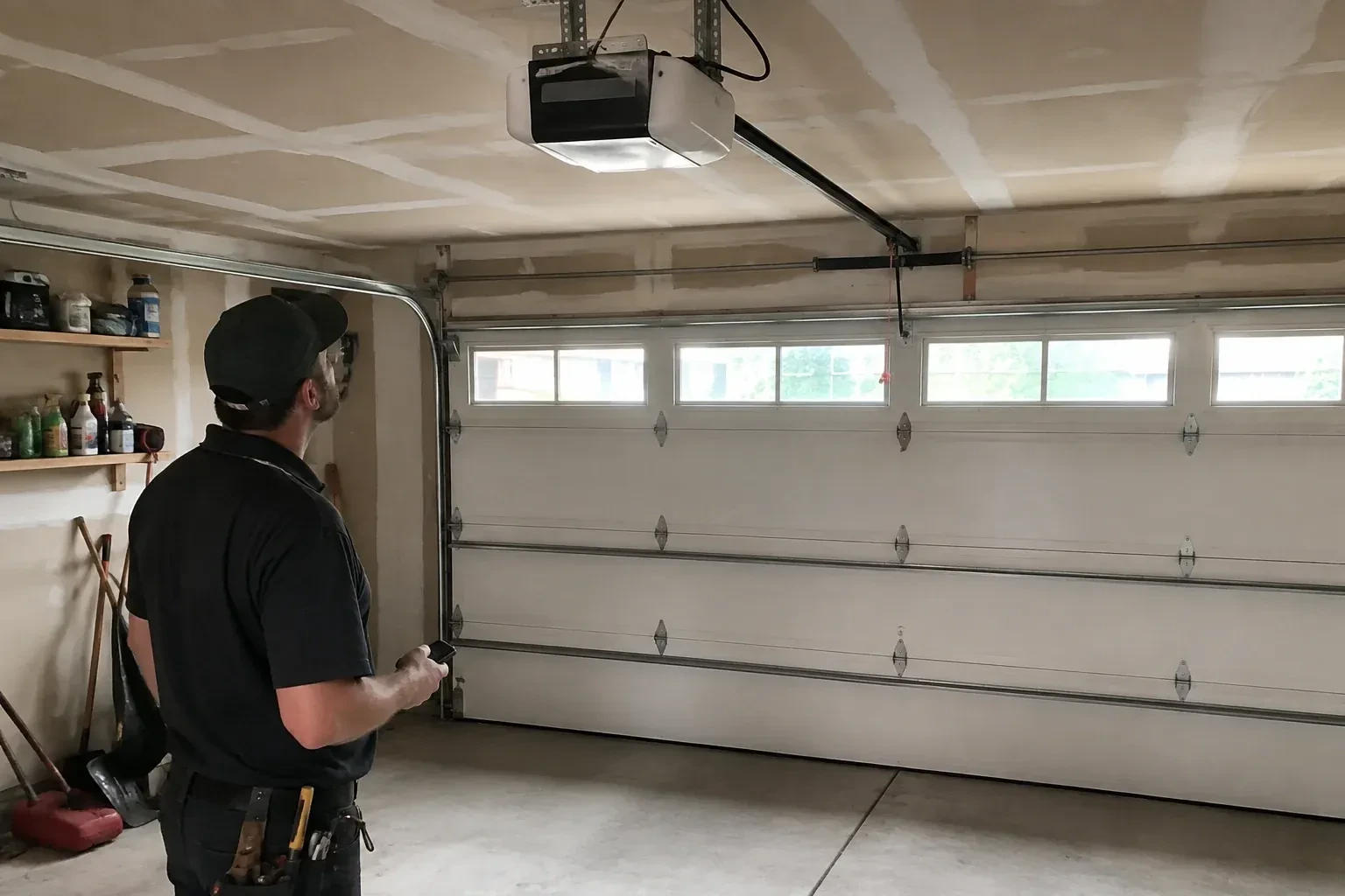 A person looks at an overhead opener above a closed garage door with a row of windows. — Garage Door Opener Replacement, Huttonville