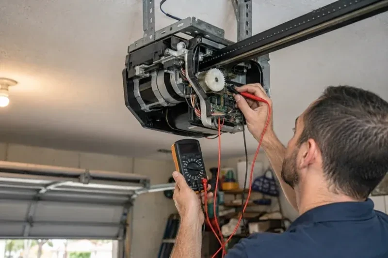 Person holding a multimeter and a red probe near the exposed circuit board of an overhead garage-door opener. — Garage Door Opener Diagnosis and Repair, Brampton