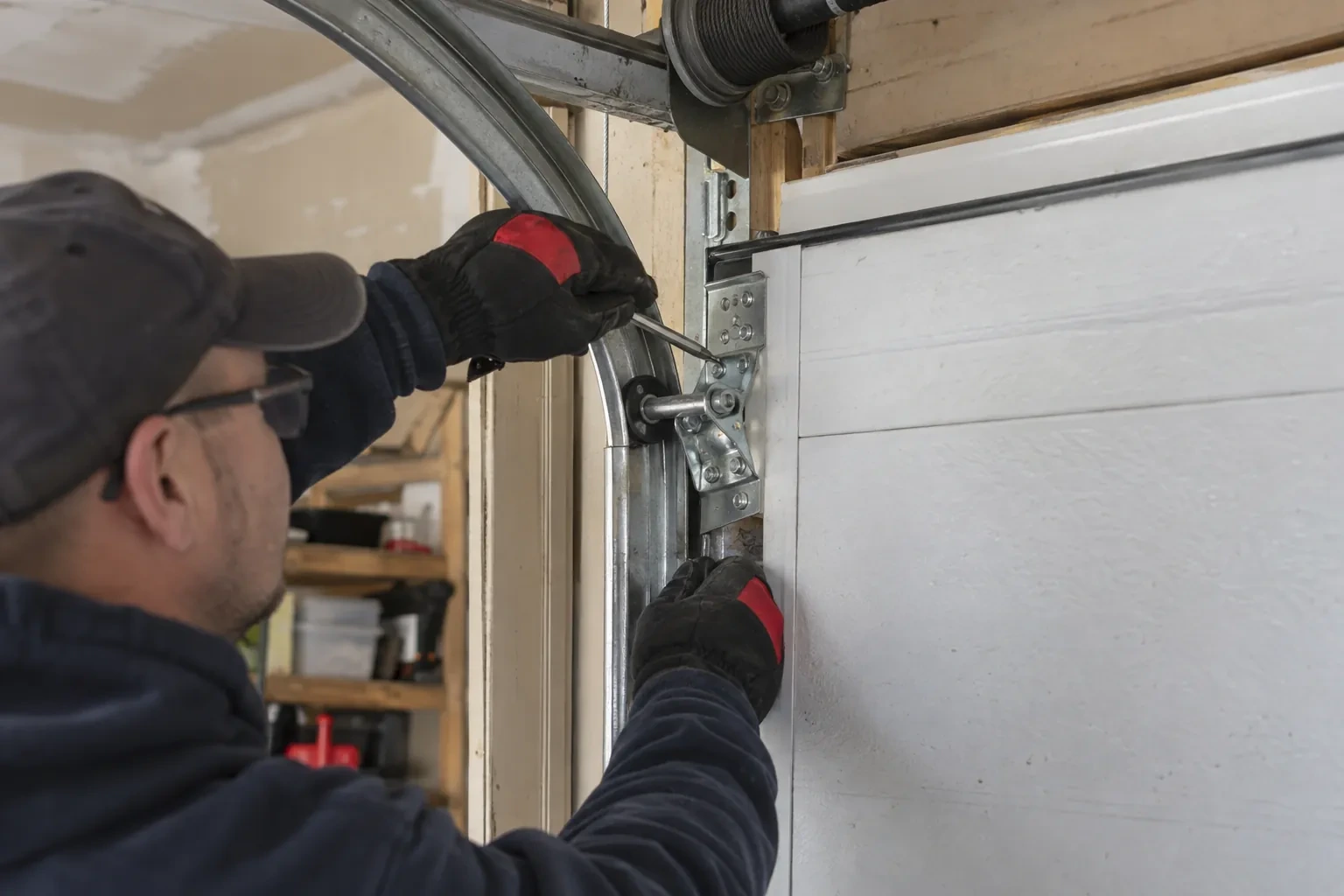 Hands in red-and-black gloves holding a screwdriver at a hinge bracket on a white door beside the curved track. — Brampton