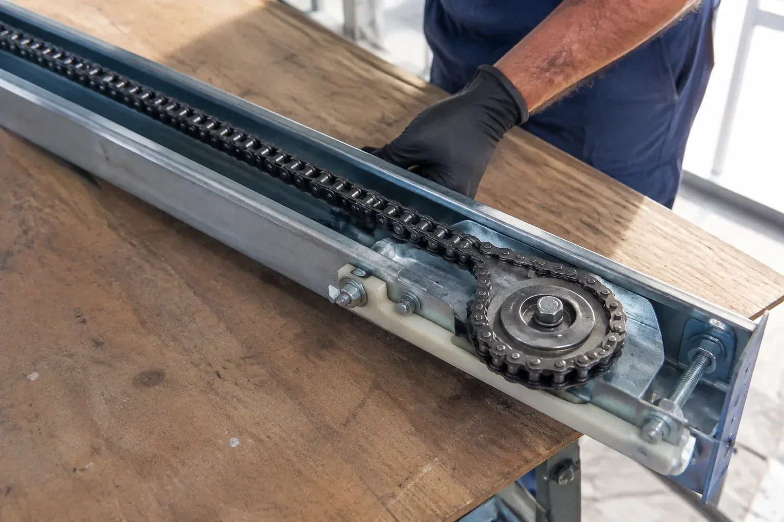 Gloved hand resting on a steel opener rail laid on a wooden bench, showing a drive chain looped around a sprocket wheel. — Chain-Drive Opener Repair, Huttonville