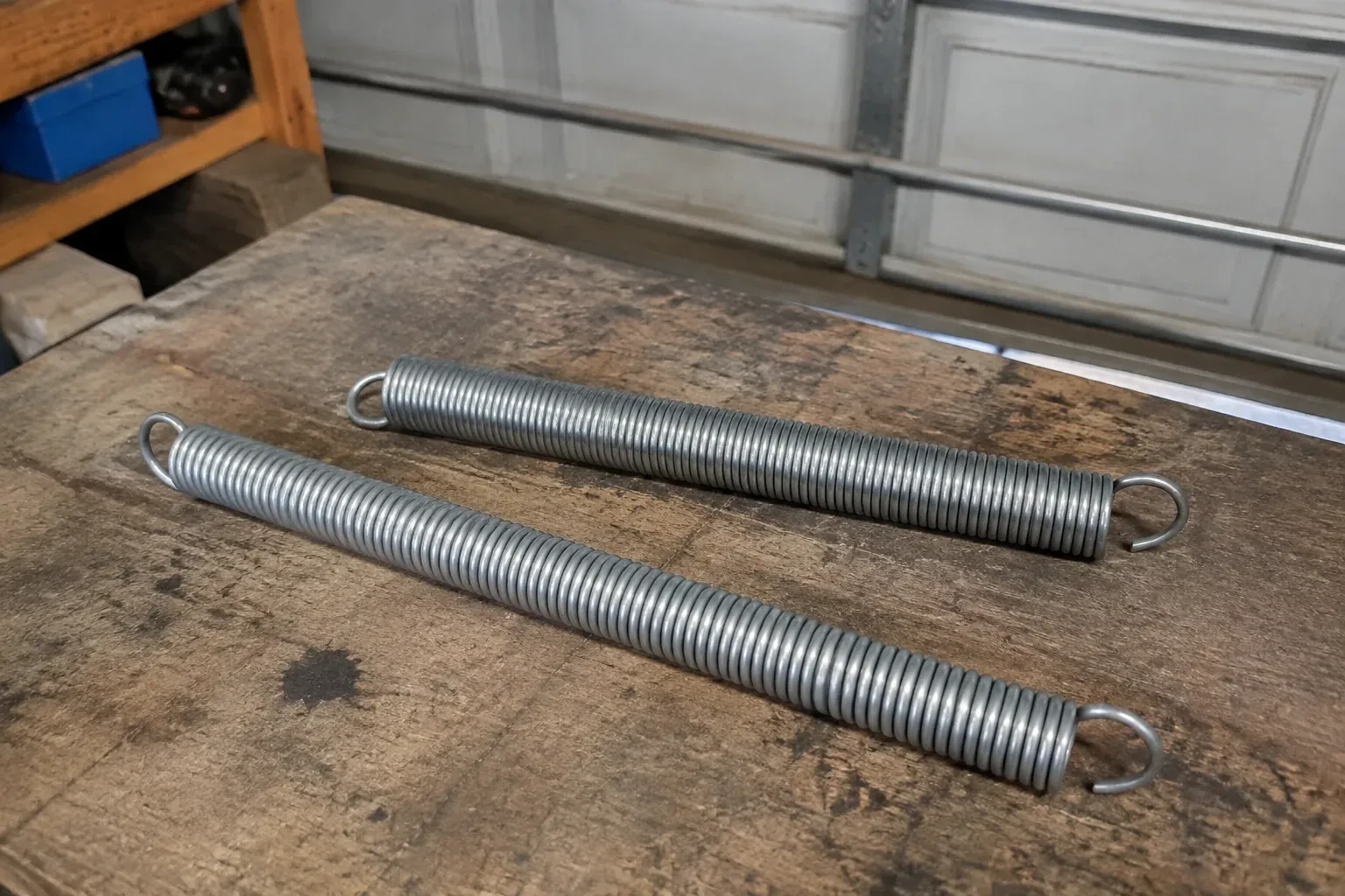 Two detached extension springs with hooked ends on a garage bench. — Extension Spring Replacement, Brampton