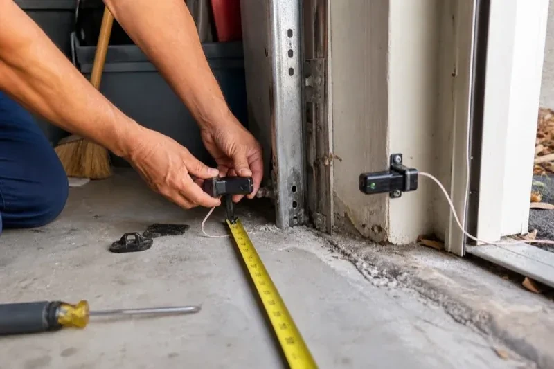 Hands holding a small wired device beside another mounted device and a tape measure at a garage-door opening — Photo-Eye Sensor Alignment or Replacement, Brampton